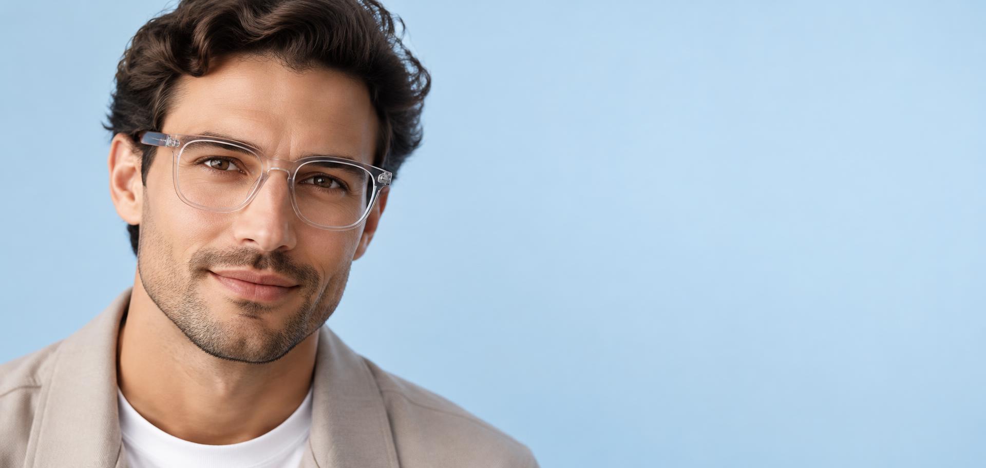 Man wearing clear prescription eyeglasses